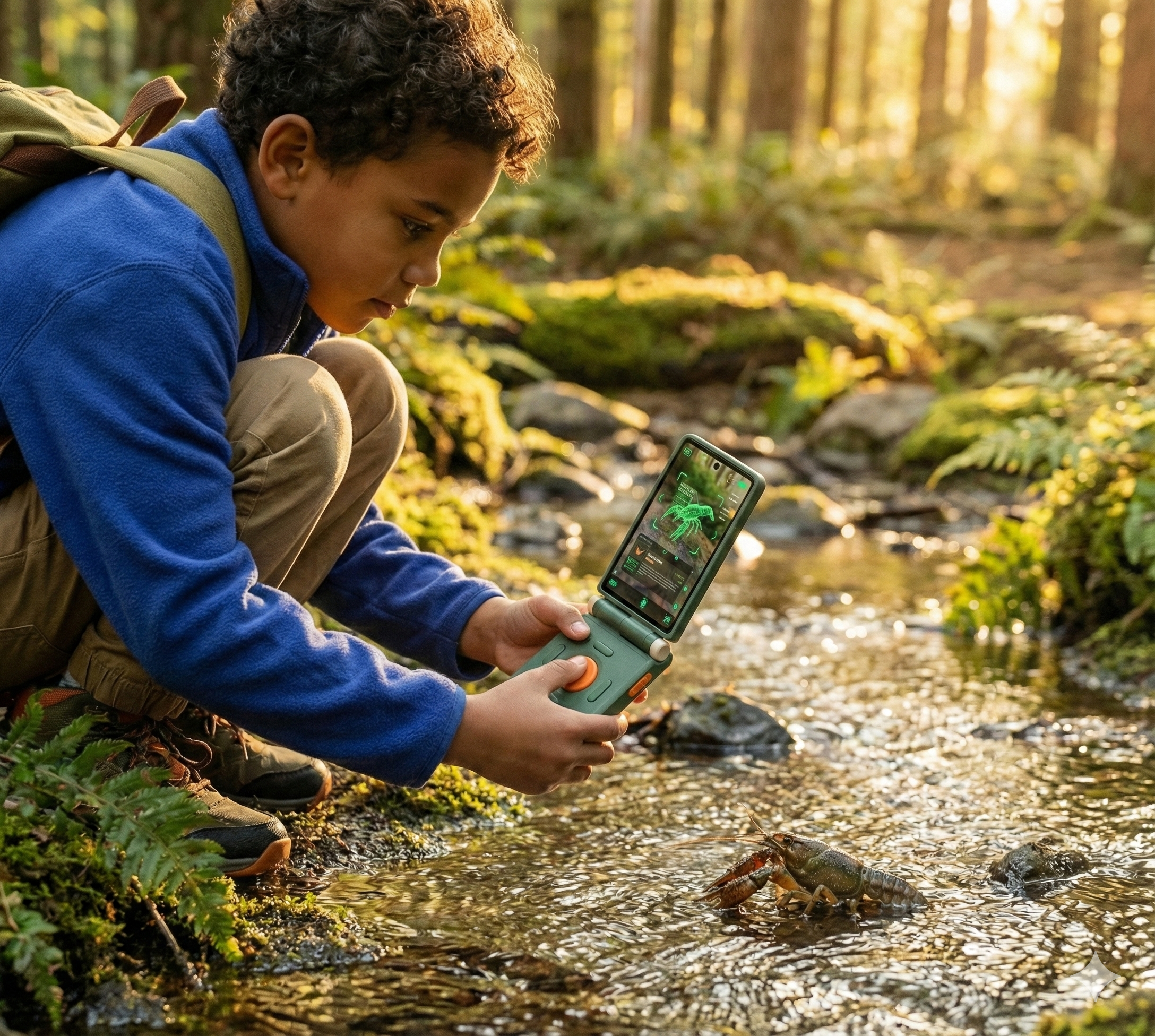 Kid discovering a crayfish with Spot